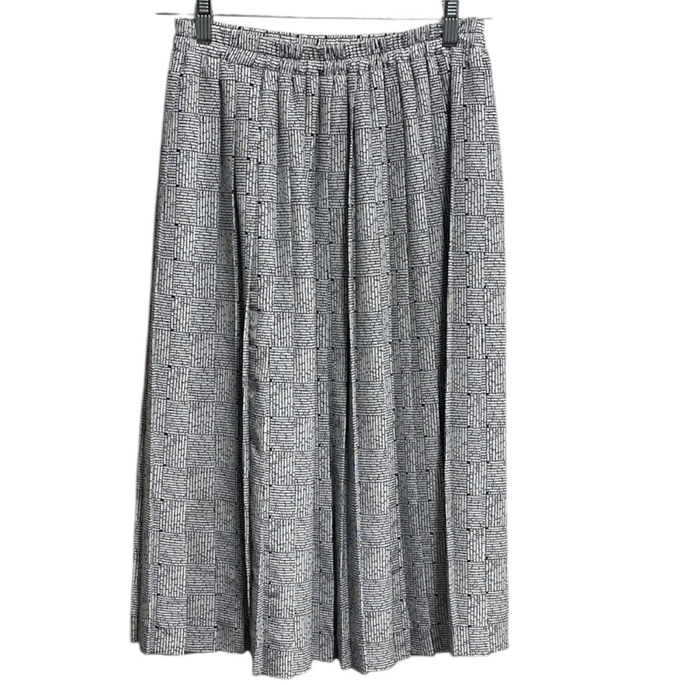 VTG 80s Andrea Gayle Petites Pleated Midi Skirt Navy Blue White Geometric Size S